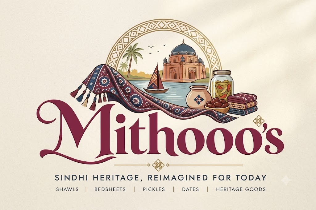 Mithooos heritage logo with Sindhi Ajrak and traditional crafts illustration