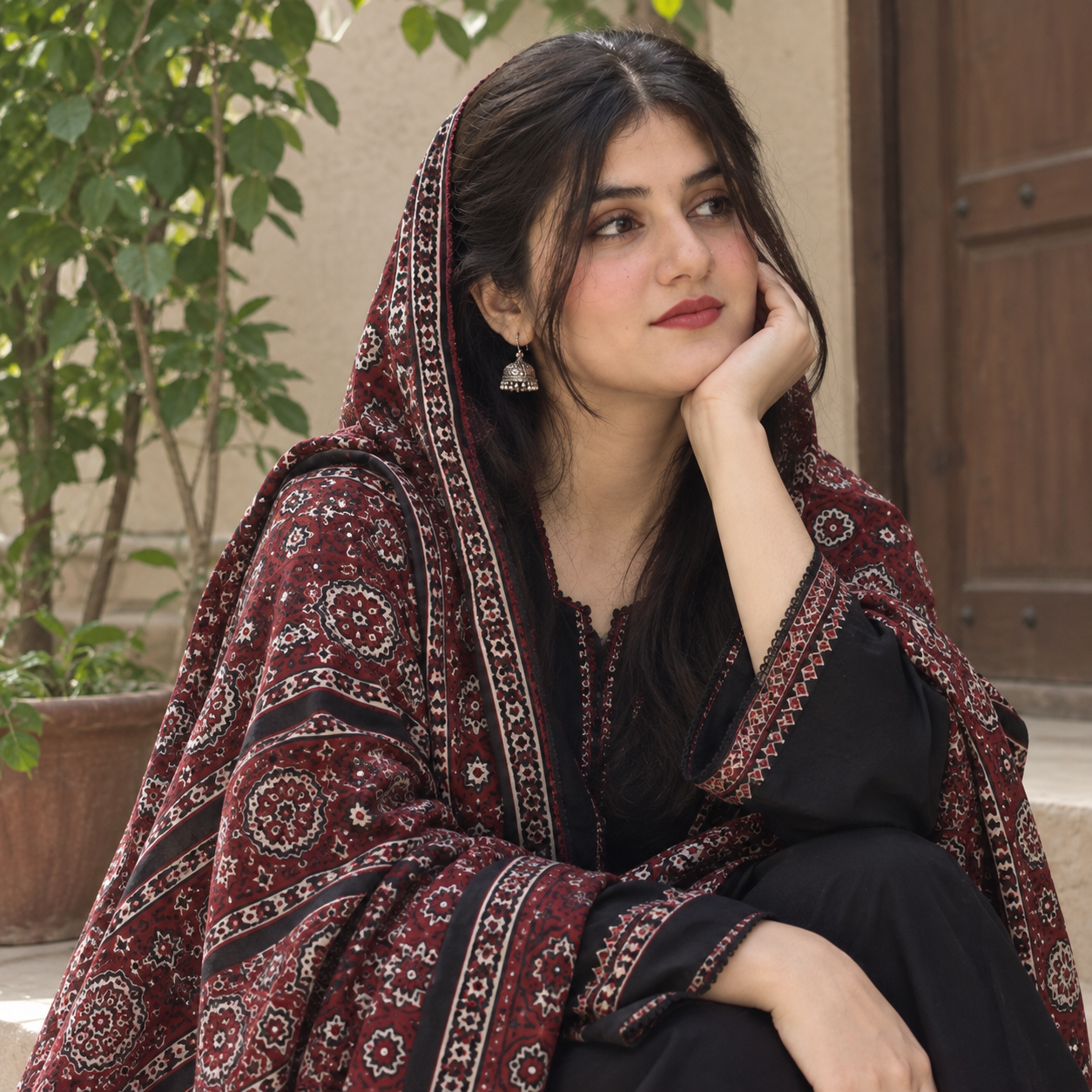 Model wearing a blue Sindhi Ajrak shawl