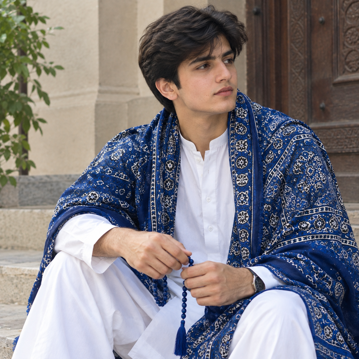 Model wearing a red and black Sindhi Ajrak shawl