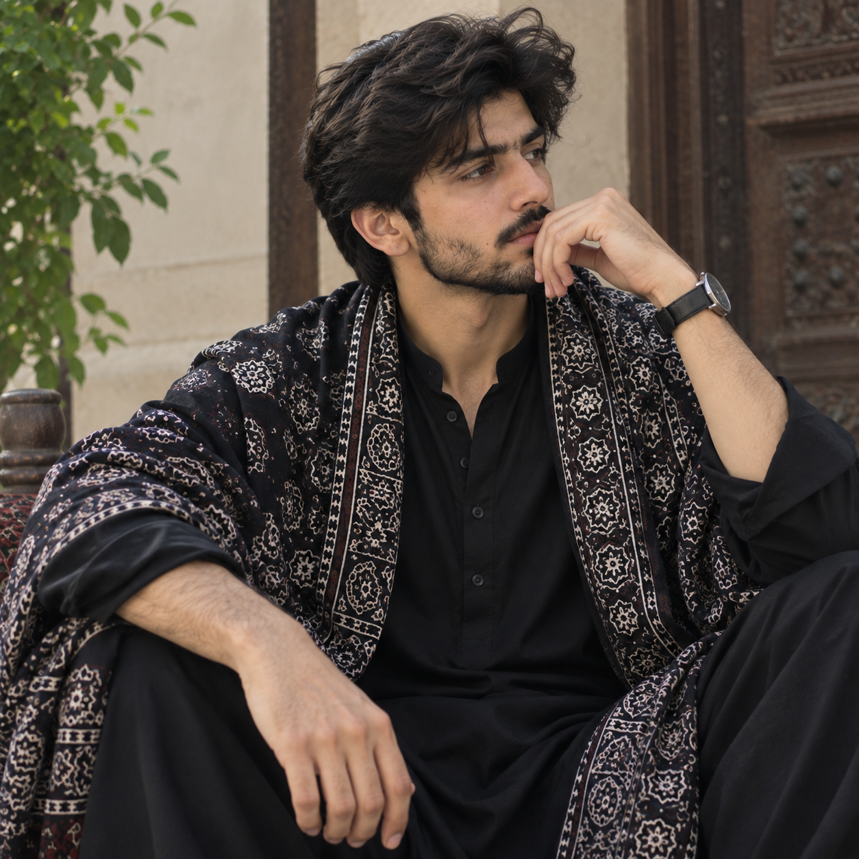 Model wearing a Sindhi Ajrak shawl